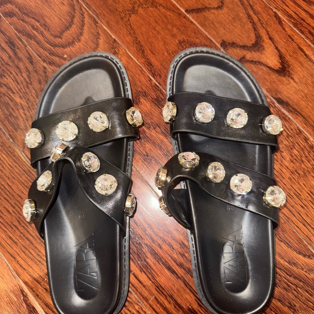 ZARA Black Rhinestone Embellished Slide Sandals | Size 39